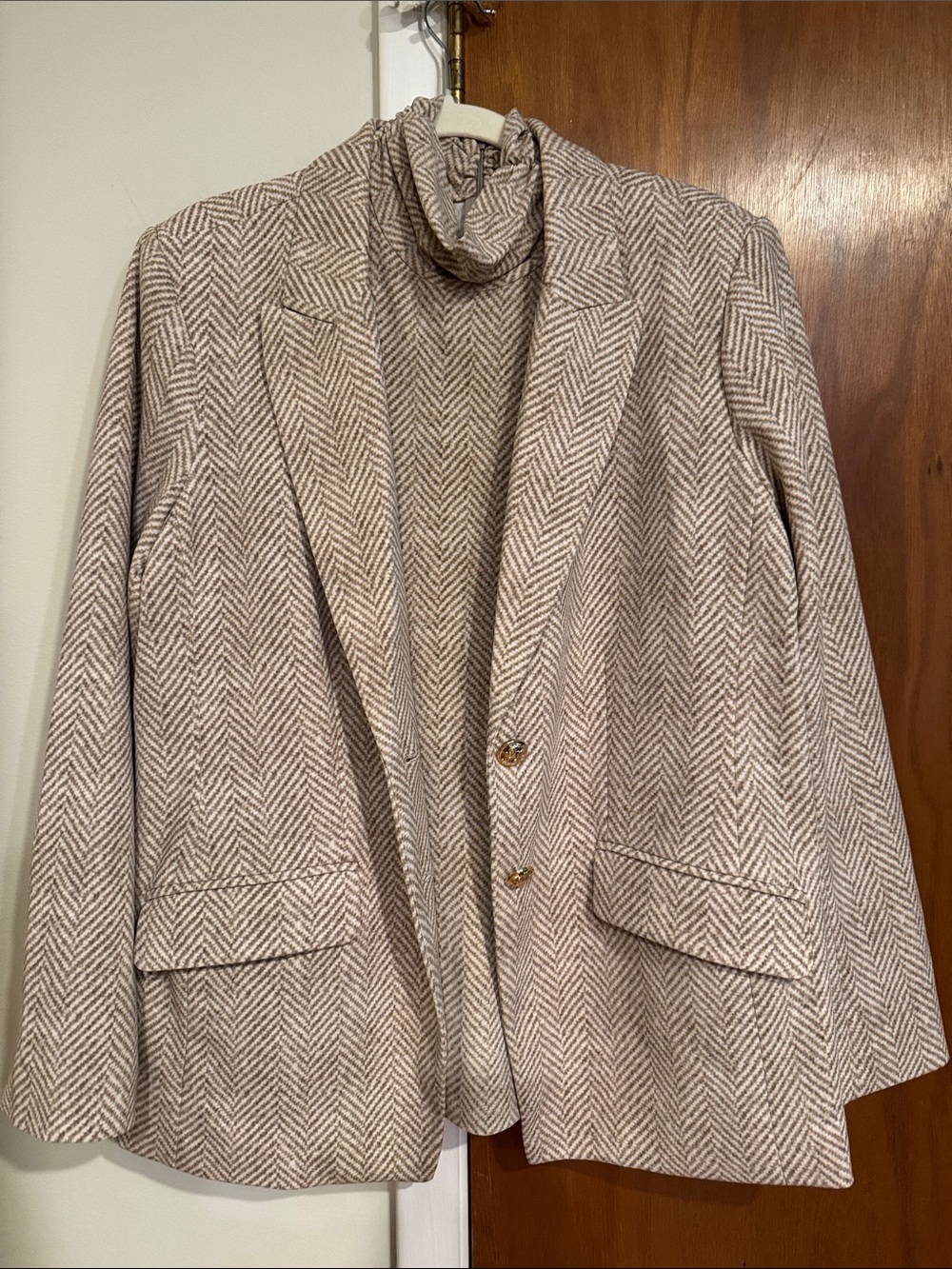 Dennis basso Beige Herringbone Blazer and Shirt Set